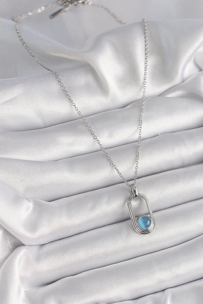 316L Çelik Gümüş Renk Zincir Mavi Kedi Göz Model Kadın Kolye - TJ-BKO9613 - 2