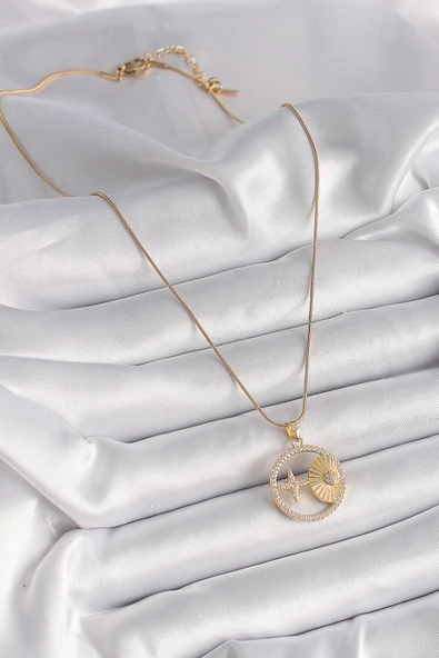 316L Çelik Gold Renk Zincir Zirkon Taşlı Yıldız İşleme Madalyon Model Kadın Kolye - TJ-BKO9636 - 2