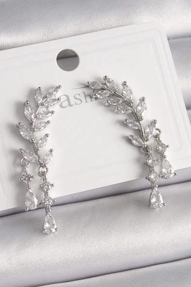 Pirinç Gümüş Renk Zirkon Taşlı Başak Model Kadın Küpe - TJ-BKP9906 ürün görseli 1