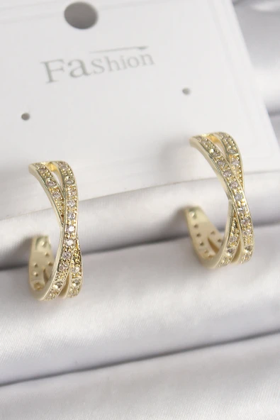 Pirinç Gold Renk Zirkon Taşlı Sarmal Halka Model Kadın Küpe - TJ-BKP9899 ürün görseli 1