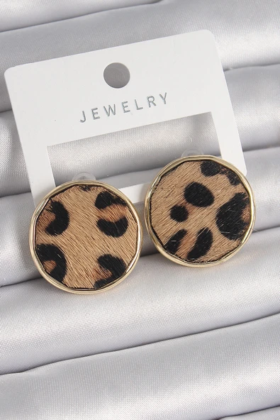 Pirinç Gold Renk Daire Plaka Model Leopar Desenli Kadın Küpe - TJ-BKP9889 ürün görseli 1