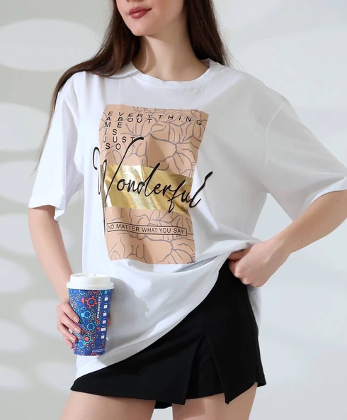 Varak baskılı imza desen tişört - 3