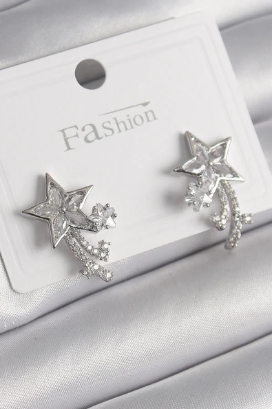 Pirinç Gümüş Renk Zirkon Taşlı Kuyruklu Yıldız Model Kadın Küpe - TJ-BKP9994 ürün görseli 1