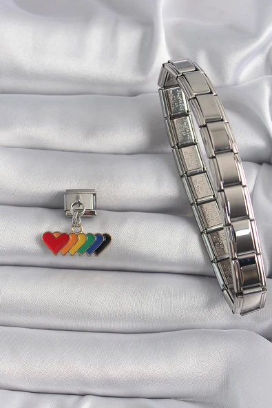 316L Çelik Gümüş Renk Renkli Sallantı Kalp Model Nomination Charm - TJ-BC1100 - Resim 2