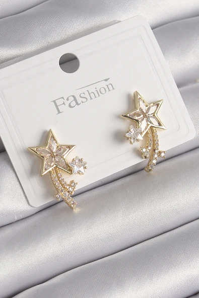 Pirinç Gold Renk Zirkon Taşlı Kuyruklu Yıldız Model Kadın Küpe - TJ-BKP9993 ürün görseli 1