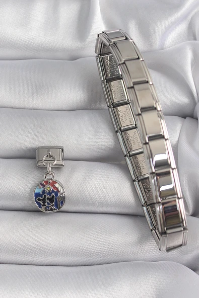 316L Çelik Gümüş Renk Sallantı Dünya Model Nomination Charm - TJ-BC1117 - 2