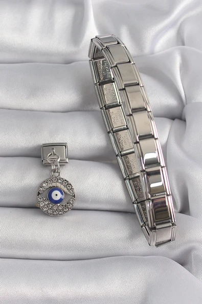 316L Çelik Gümüş Renk Sallantı Zirkon Taşlı Göz Model Nazar Boncuk Detay Nomination Charm - TJ-BC1121 - 2