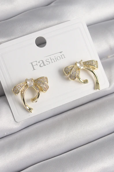 Pirinç Gold Renk Zirkon Taşlı Fiyonk Model Kadın Küpe - TJ-BKP9999