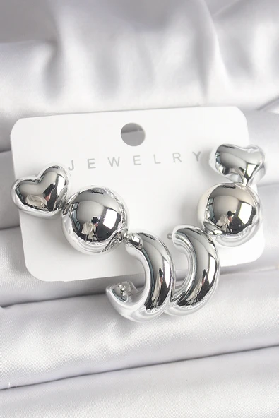 Gümüş Renk Kalp Halka Figür CCB Plastik Kadın Küpe Seti - TJ-BKP10023 ürün görseli 1