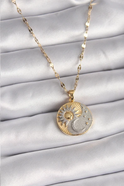 316L Çelik Mix Renk Zincir Zirkon Taşlı Gün Doğumu/Batımı Madalyon Model Kadın Kolye - TJ-BKO9514 ürün görseli 1