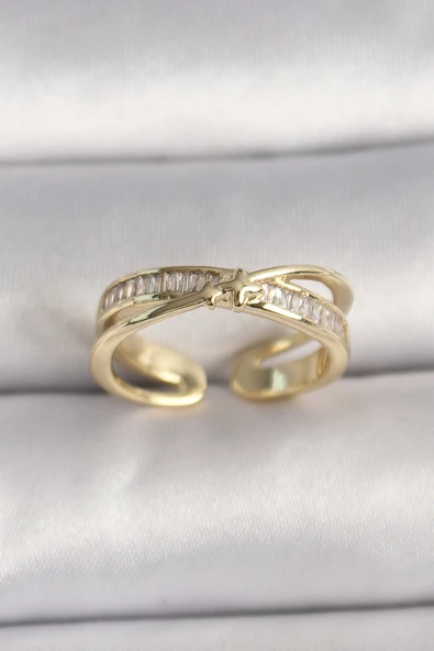 Pirinç Gold Renk Zirkon Taşlı Yıldız Detaylı Ayarlanabilir Kadın Yüzük - TJ-BYK3573 ürün görseli 1