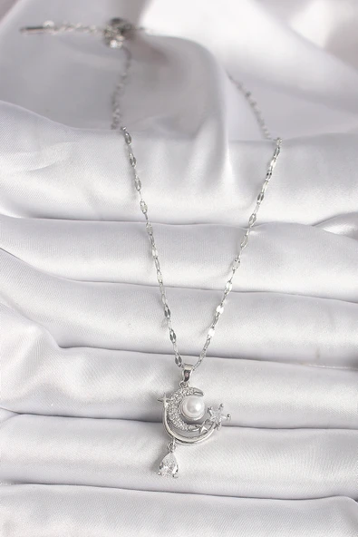 316L Çelik Gümüş Renk Zirkon Taşlı Ay Yıldız Sallantı Detay Kadın Kolye - TJ-BKO9671 - 2