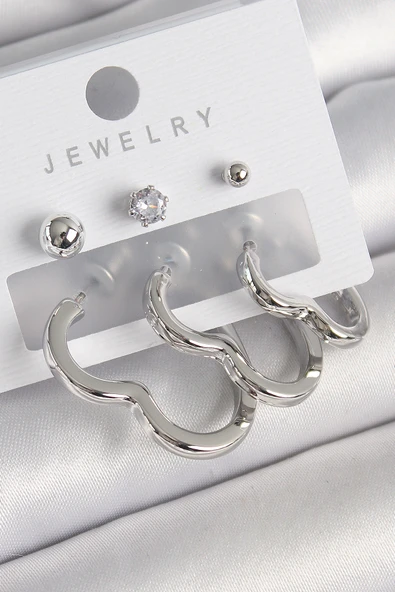 Pirinç Gümüş Renk Kalp Model Zirkon Taş Topçuk Detay Kadın Küpe Seti - TJ-BKP10307