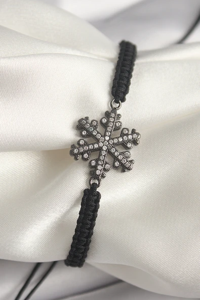 Pirinç Füme Renk Zirkon Taşlı Kar Tanesi Figür Makrome Asansörlü Model Kadın Bileklik - TJ-BB6791