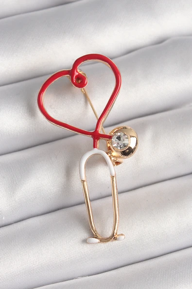 Pirinç Gold Renk Kırmızı Steteskop Model Zirkon Taş Detay Kadın Broş - TJ-BR417