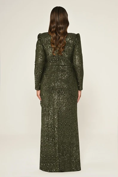 V Yaka Uzun Kollu Payet Uzun Abiye Elbise Alfa Beta - 6