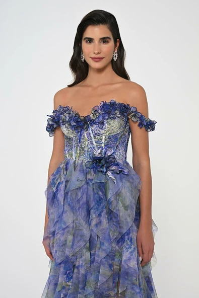 Düşük Fırfırlı Omuz Korse Bel Uzun Abiye Elbise Alfa Beta - Resim 2