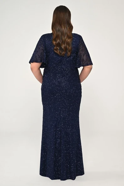 V Yaka Kısa Kollu Boncuklu Kumaş Uzun Abiye Elbise Alfa Beta - Resim 7