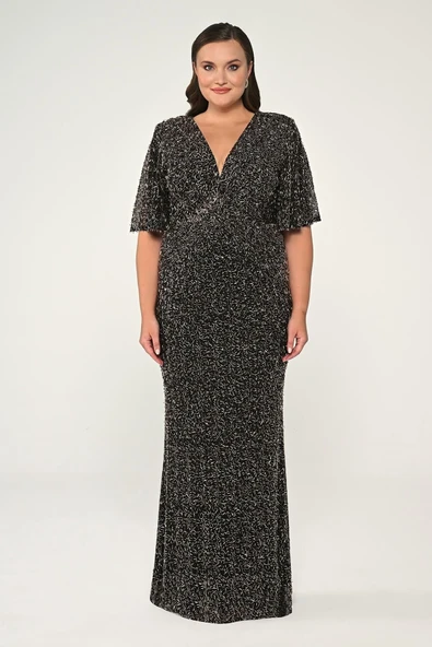 V Yaka Kısa Kollu Boncuklu Kumaş Uzun Abiye Elbise Alfa Beta - Resim 11