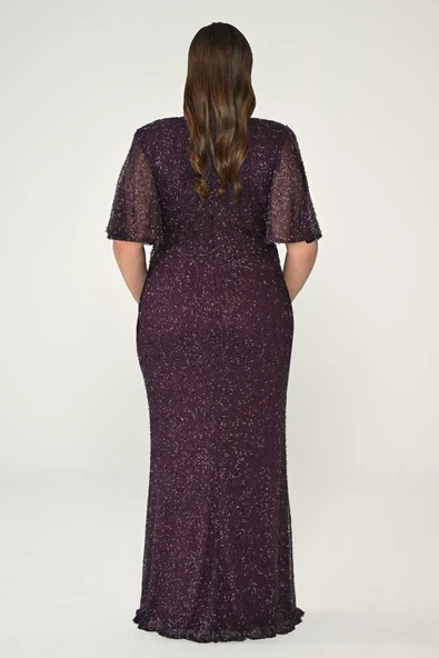 V Yaka Kısa Kollu Boncuklu Kumaş Uzun Abiye Elbise Alfa Beta - Resim 10