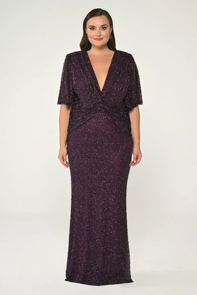 V Yaka Kısa Kollu Boncuklu Kumaş Uzun Abiye Elbise Alfa Beta - Resim 8