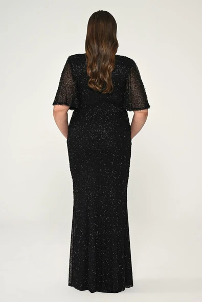 V Yaka Kısa Kollu Boncuklu Kumaş Uzun Abiye Elbise Alfa Beta - Resim 4