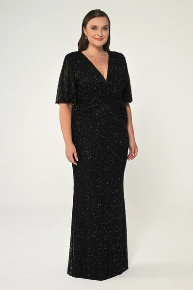 V Yaka Kısa Kollu Boncuklu Kumaş Uzun Abiye Elbise Alfa Beta - Resim 3