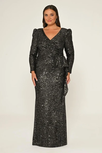 V Yaka Uzun Kollu Payet Uzun Abiye Elbise Alfa Beta