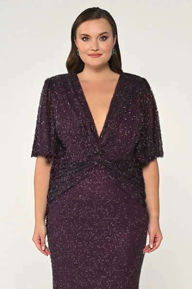 V Yaka Kısa Kollu Boncuklu Kumaş Uzun Abiye Elbise Alfa Beta - Resim 9