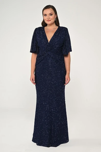 V Yaka Kısa Kollu Boncuklu Kumaş Uzun Abiye Elbise Alfa Beta - Resim 5