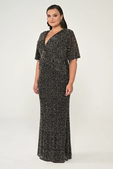 V Yaka Kısa Kollu Boncuklu Kumaş Uzun Abiye Elbise Alfa Beta - Resim 12