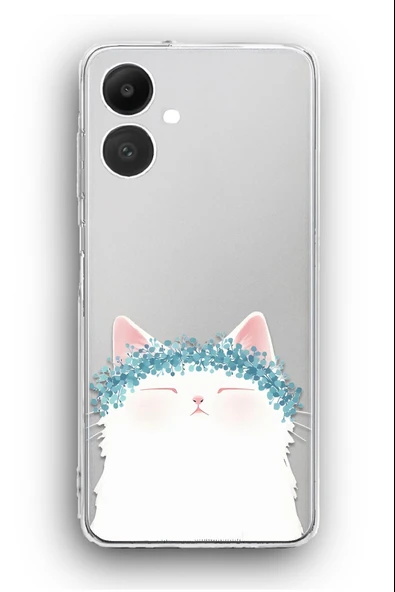 Samsung Galaxy A06 Uyumlu Baskılı Şeffaf Kılıf Kapak "Beyaz Ponçik Melek Kedi"
