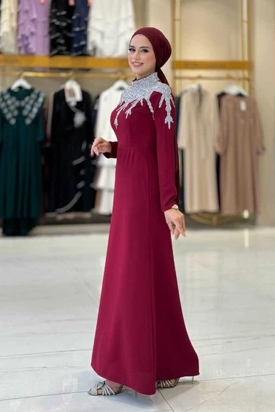 Taş Detaylı Abiye Elbise 3916 Bordo - Resim 3