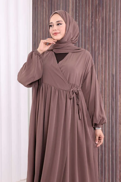 Şallı Kruvaze Namaz Elbisesi 6027 Vizon - Resim 5