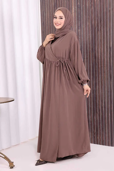 Şallı Kruvaze Namaz Elbisesi 6027 Vizon - Resim 3