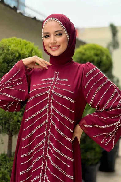 Taş Detaylı Abiye Elbise 3915 Bordo - Resim 4