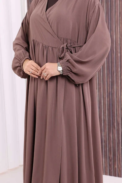 Şallı Kruvaze Namaz Elbisesi 6027 Vizon - Resim 6