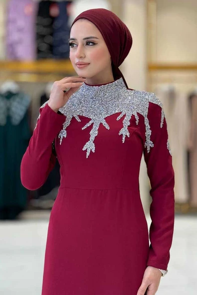 Taş Detaylı Abiye Elbise 3916 Bordo - Resim 4