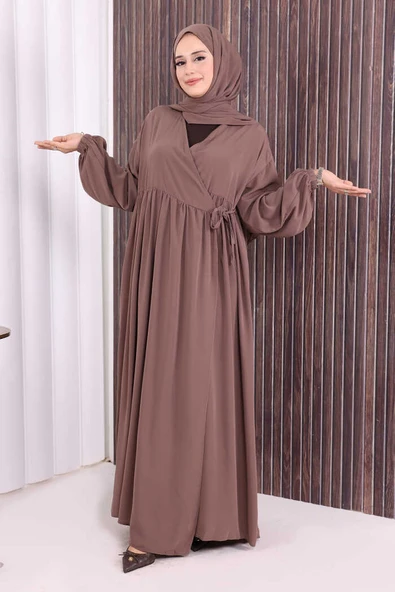 Şallı Kruvaze Namaz Elbisesi 6027 Vizon - Resim 2