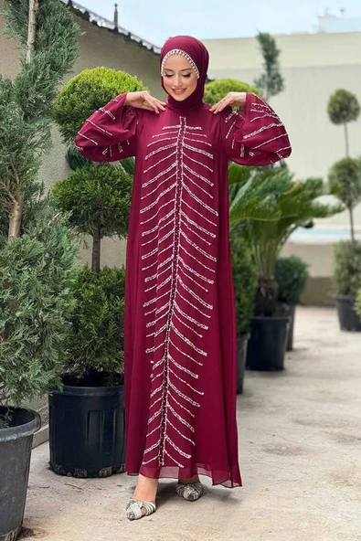 Taş Detaylı Abiye Elbise 3915 Bordo - Resim 3