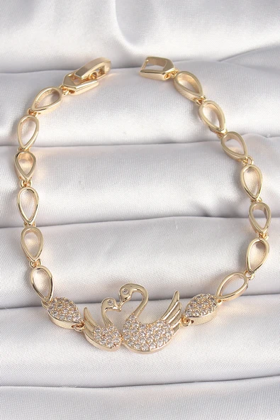 Pirinç Gold Renk Zirkon Taşlı Kuğu Figür Damla Zincir Model Kadın Bileklik - TJ-BB6849 ürün görseli 1