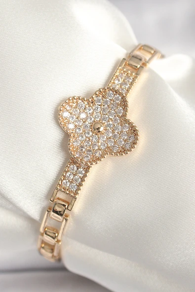 Pirinç Gold Renk Zirkon Taşlı Yonca Model Kadın Bileklik - TJ-BB6844 ürün görseli 1