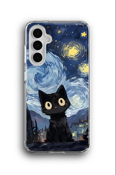 Samsung Galaxy A15 Uyumlu Baskılı Şeffaf Kılıf Kapak "Gogh Kedi Yıldızlı Starry"