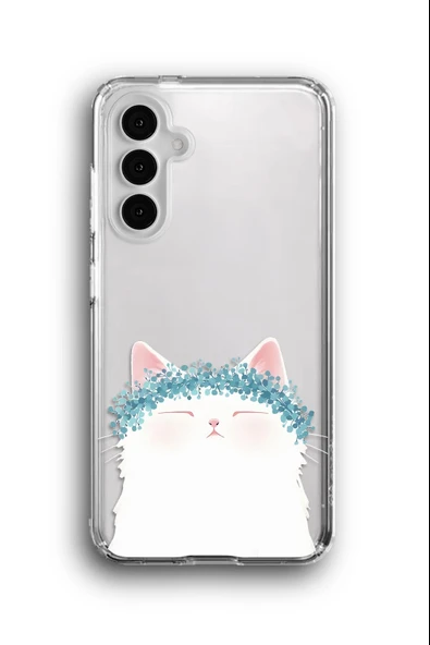 Samsung Galaxy A15 Uyumlu Baskılı Şeffaf Kılıf Kapak "Beyaz Ponçik Melek Kedi"