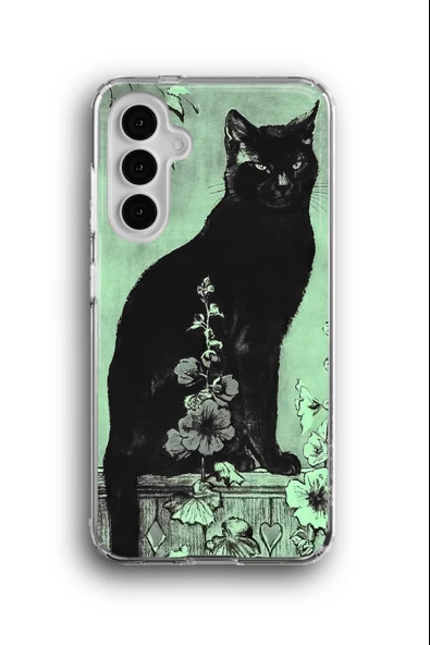 Samsung Galaxy A24 Uyumlu Baskılı Şeffaf Kılıf Kapak "Kara Kedi Huzurlu Çiçeği"