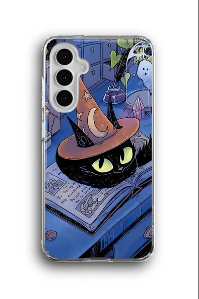 Samsung Galaxy A34 Uyumlu Baskılı Şeffaf Kılıf Kapak "Sihirli Kedi Cadı Sevimli Tatlı"