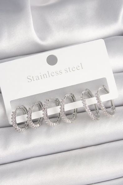 Pirinç Gümüş Renk Zirkon Taşlı 3 Çift Halka Model Kadın Küpe - TJ-BKP10335