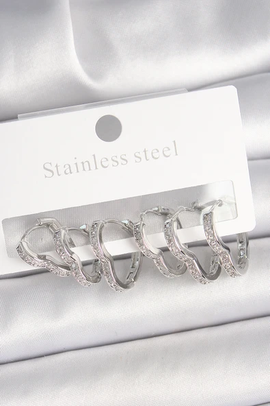 Pirinç Gümüş Renk Zirkon Taşlı 3 Çift Kalp Model Kadın Küpe - TJ-BKP10333 ürün görseli 1