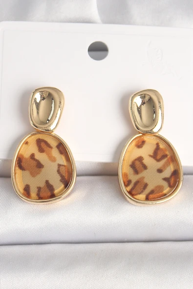 Pirinç Gold Renk Sallantı Leopar Desen Kare Model Kadın Küpe - TJ-BKP10346