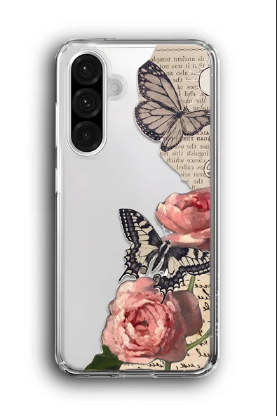 Samsung Galaxy A56 Uyumlu Baskılı Şeffaf Kılıf Kapak "Gazete Gül Kelebek"
